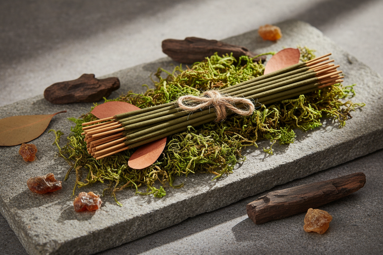 a luxurious still life photograph of a bundle of natural incense sticks tied with raw twine. they are resting on a bed of vibrant green moss, dried eucalyptus leaves, and pieces of aged sandalwood and resin chunks, the colors are muted greeens, terracotta orange, and deep earthy browns. the surface is rough, textured stone. soft, diffused natural daylight coming from the side. high end editorial photography style, incredible detail on textures, organic luxury feeling, negative space on the left. realistic