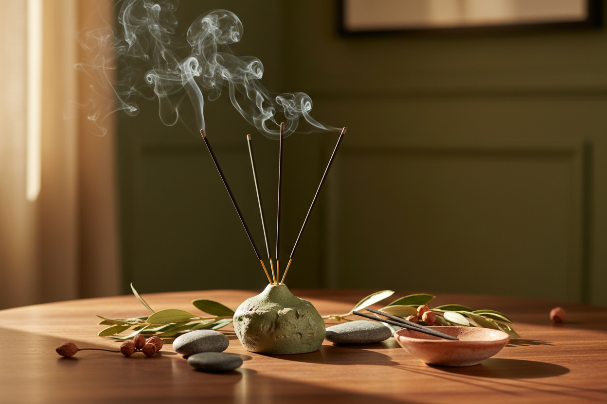 erstelle ein bild für eine internetseite die räucherstäbchen verkauft für eine slideshow als präsentation. der hintergrund soll realistisch sein z.B auf einem holztisch und es soll alles sehr edel aussehen, mit warmen grünen und erdigen tönen